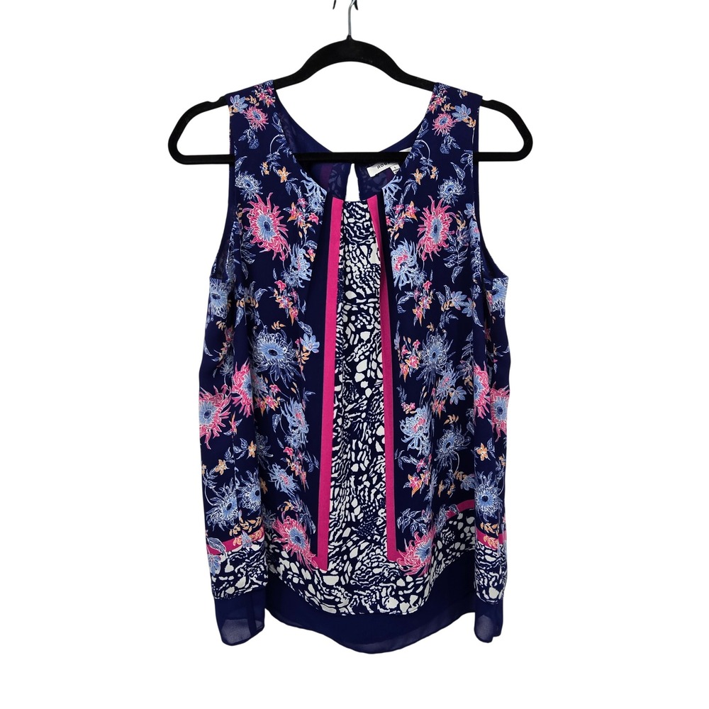 Rose + Olive Floral Animal Print Tank Blouse Womens L Blue Summer Sleeveless